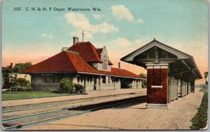 Vintage 1915 WATERTOWN, Wisconsin Postcard "C.M.&St.P. DEPOT" Train Station - Picture 1 of 2
