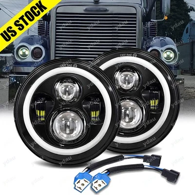Pair 7 Inch Round Led Headlights Black For Freightliner Century Class 1996-2011 - Image 1 of 4