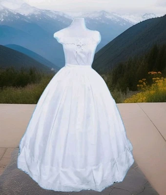 VESTIDO GUERRA CIVIL ~ ESTILO VICTORIANO - 100% ALGODÓN BLANCO COMO LA NIEVE SOBRE ENAGUA ARO.  Foto 1 de 3