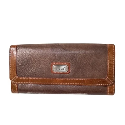 Cartera sin asas de cuero marrón fósil cierre a presión interior floral usada en excelente estado Foto 1 de 4