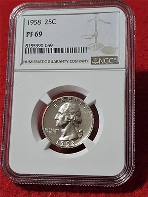 1958 PROOF WASHINGTON SILVER QUARTER   NGC PF 69    NO SPOTS              #T6180 - Image 1 of 2