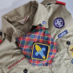 Vintage Boy Scouts Of America Shirt Youth Large Tan BSA w/Scarf Official 90s - Picture 1 of 17