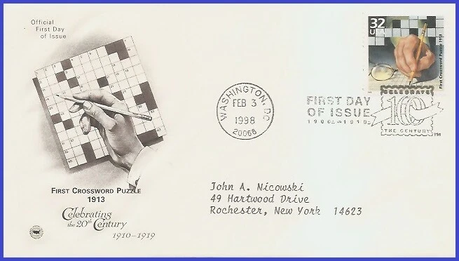 USA4 #3183l ADDR PCS ARTCRAFT FDC   1910 Crossword Puzzle First - Image 1 of 1