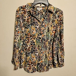 Bohme Button Down Long Sleeve Collared Floral Blouse Small Olive Green Brown - Picture 1 of 9
