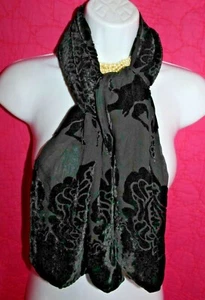 Black Burn Out Dressy Scarf Rayon Silk Velvety Lions Fleur de Lis 51" Reversible - Picture 1 of 5