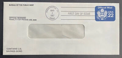 UO75 FDC Official Mail Stamped Envelope 22c 1987 - Image 1 of 2