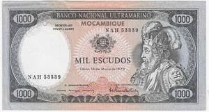 MOZAMBIQUE 1000 ESCUDOS 1972 PICK 112 Small Edge Tear top right EF - Picture 1 of 2
