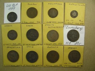 World Lot of 12 Diff Copper-Bronze Coins 1855 to 1929, Europe, Asia, etc - Image 1 of 4