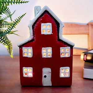 Red Farm House Candle Holder Ceramic Freestanding Country Style Tealight Lantern