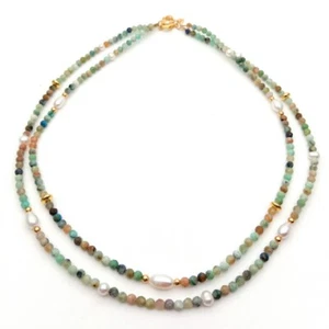 2 rows faceted Azurite Malachite white rice Pearl Necklace 17" - Picture 1 of 7