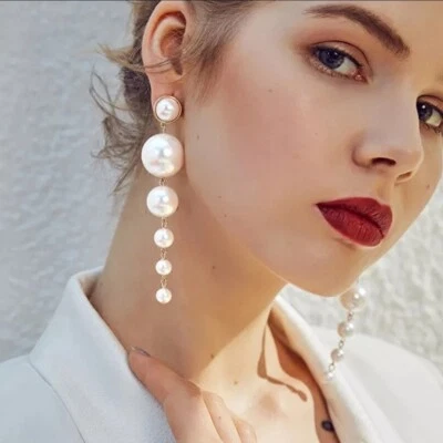3.5" Long Statement Earrings Dangle Pearl Fashion Jewelry 88D - Image 1 of 4