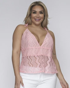 SEXY Baby Pink LACE Tank Top SIZE 2XL Womens Plus V NECK Tie Spaghetti Straps - Picture 1 of 3