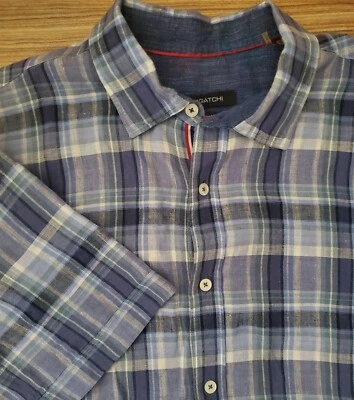 BUGATCHI UOMO Linen B/F Shirt Blue Plaid Stripes Men's XL XLG Club Lounge Beach - Image 1 of 3