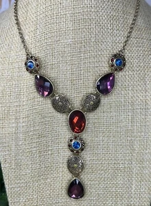 Multicoloured Acrylic Rhinestone Victoriana Style Y Drop Brass Tone Necklace 344 - Picture 1 of 13