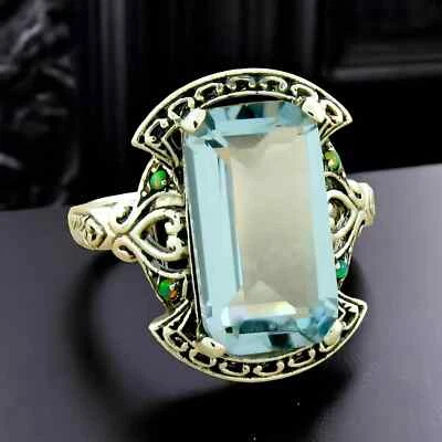VICTORIAN STYLE 925 STERLING SILVER SIMULATED AQUAMARINE & GREEN OPAL RING  821 - Image 1 of 3