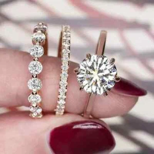 3CT Round Lab Created Diamond Bridal Wedding Ring Trio Set 14k Rose Gold Plated - Picture 1 of 4