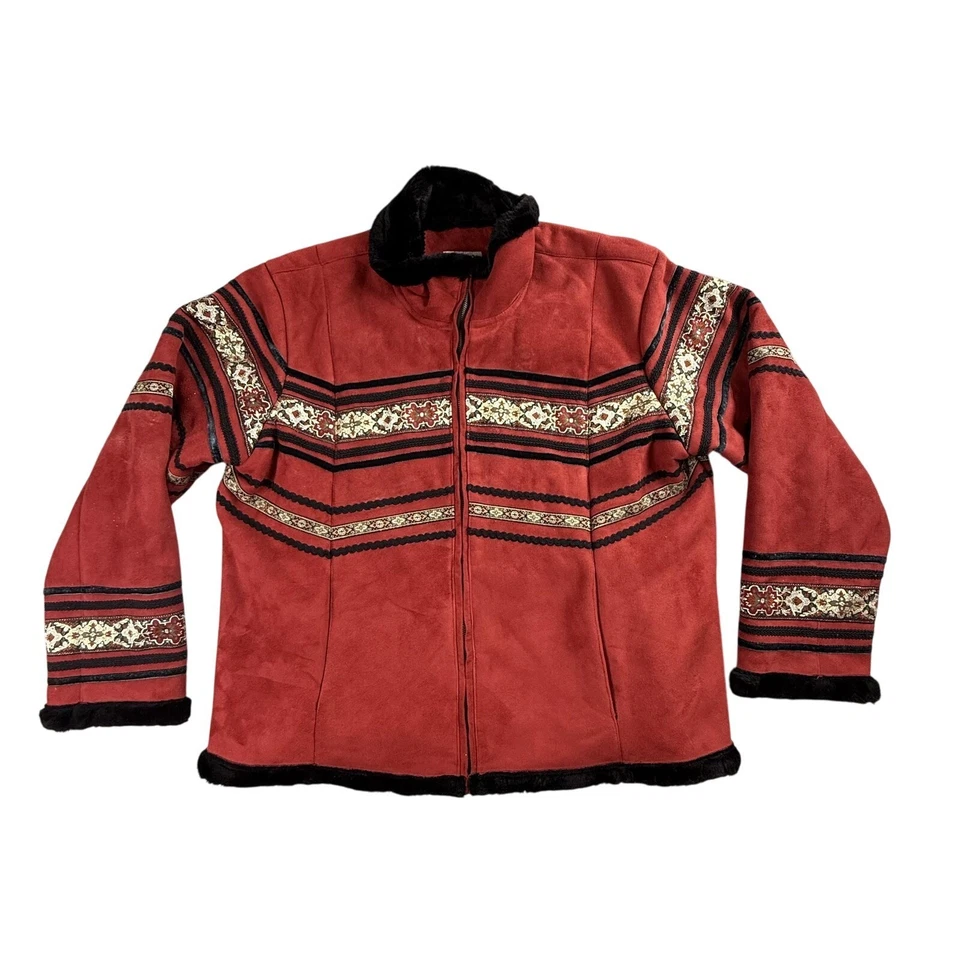 Chaqueta Coldwater Creek Mujer 1X Roja Negra Bordada Gamuza Forrada Boho Navajo Foto 1 de 4