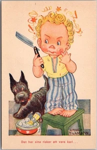 Vintage Swedish Artist-Signed ARNOLD TILGMANN Postcard Boy Shaving / Terrier Dog - Picture 1 of 2