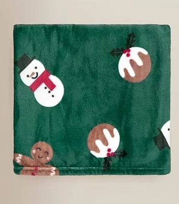 GREEN SNOWMAN & CHRISTMAS PUDDING THROW BLANKET SUPERSOFT 120x150cm New - Image 1 of 3
