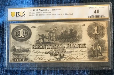 1855 $1 The Central bank of Tennessee Nashville Tennessee PCGS EF 40 #5925 - Image 1 of 4