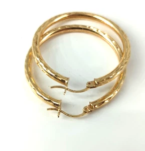 Vintage 14k Gelbgold Ohrringe 1,5" Creolen hohl geätzt Diamantschliff 3,81 Gramm - Bild 1 von 13