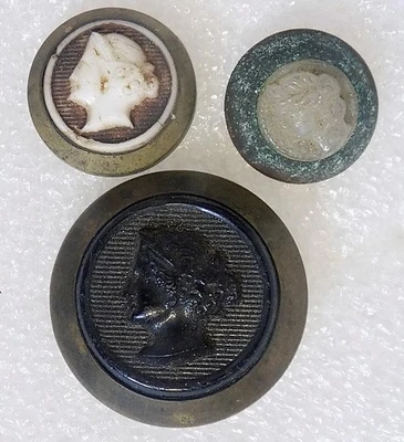 Lot of (3) Antique Carved CAMEO Tin Back Buttons Lady Bust 15/16" & 9/16" - Image 1 of 3