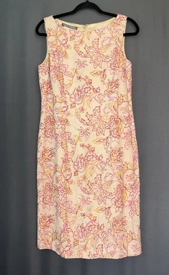 Vestido midi Maggy London de lino bordado talla 8 beige rosa naranja floral Foto 1 de 4