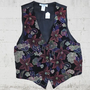 70s Vintage Black Velvet Multicolor Floral Studded USA Made Vest Size Medium - Picture 1 of 7