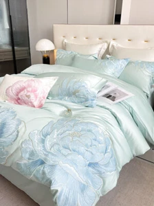 140s Cotton Bedding Set 4pcs Quilt Cover Flat Sheet 2 Pillowcases Embroidery Set - Picture 1 of 25