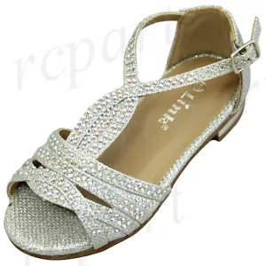 New girl's kids evening formal sandals open toe silver rhinestones wedding party - Picture 1 of 6