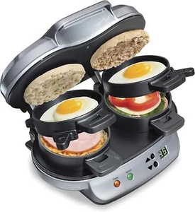 Dual Breakfast Sandwich Maker with Timer with Egg Cooker Ring Silver Double - Picture 1 of 8