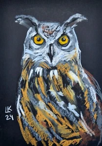 Owl Pastel Drawing – 12x8 Colorful Wildlife Art on Paper, Original & Signed - Picture 1 of 6