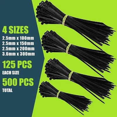 500 Pack Assorted Sizes Cable Ties 100/150/200/300 mm Heavy Duty Zip Tie Wraps - Image 1 of 4