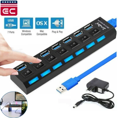 USB 3.0 Hub 7 Port On/Off Switch High Speed Splitter AC Adapter Cable PC Laptop - Image 1 of 4