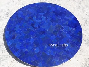 Marble Round Dining Table Top Lapis Lazuli Stone Overlay Work Restaurant Table - Picture 1 of 4