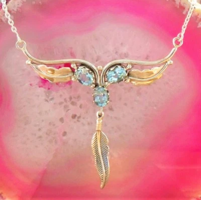 KX Collier Collana Piuma Argento Sterling 925 Topazio Blu - Immagine 1 di 4