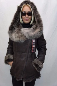 Abrigo Chaqueta de Cuero de Oveja MARRÓN 100 % Cabello Largo Toscana XS-7XL - Imagen 1 de 12