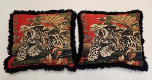2 VTG Jungle Cat Leopard Tropical Tapestry Fringe Trim Double Sided Throw Pillow - Picture 1 of 23
