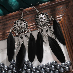 Boho 925 Silver Drop Earrings Hook Turquoise Feather Women Wedding Jewelry Gifts