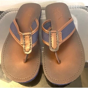 POLO RALPH LAUREN MENS BROWN/BLUE LEATHER FLIP FLOP SANDALS SLIDES 10 D - Picture 1 of 10