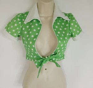 Vintage 70s Girls Top Shirt 6 Green White Polka Dot Crop Tied Short Sleeve Disco - Picture 1 of 13