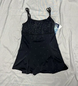 Great Lengths Womens Size 8 One Piece Skirted Swimsuit Black w/ Gold Polka Dots - Picture 1 of 5