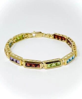 Multicolor Princess Cut Gemstones Bracelet 14K Yellow Gold Size 7 3/8" - Image 1 of 4