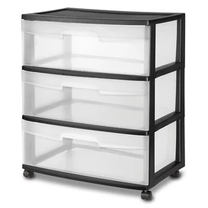 Sterilite Clear Drawers Cart Storage Rolling on Wheel Wide 3-Drawer Cart, Black - Picture 1 of 6