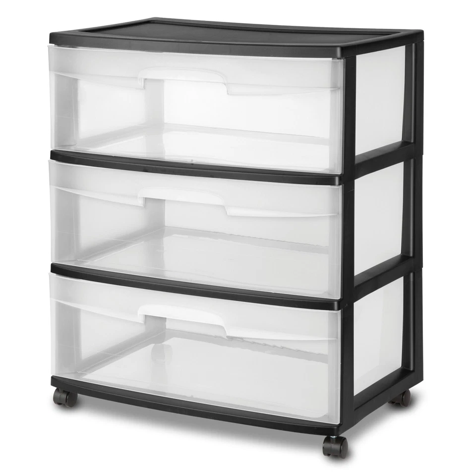 Sterilite Clear Drawers Cart Storage Rolling on Wheel Wide 3-Drawer Cart, Black - Image 1 of 4