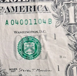Fancy Seriennummer $ 1 Bill Serie 2017 ~ 04001104 ~ (trinär & 4OaK/2 Paar) - Bild 1 von 3