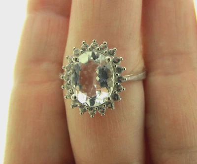 Anillo con halo de aguamarina natural 14K sobre plata de ley 925 3 quilates talla 7 Foto 1 de 4
