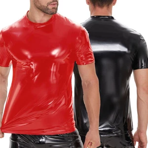 Camisetas de látex de aspecto húmedo de cuero PVC brillante de manga corta para hombre Prendas para club nocturno - Imagen 1 de 24