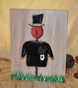 Folk Art Hand Painted Reclaimed Vintage Wood Primitive Pumpkin Scarecrow - Picture 1 of 4
