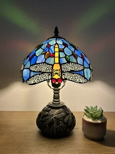 Tiffany Style Mini Table Lamp Sky Blue Stained Glass Dragonfly LED Bulb H14W10” - Picture 1 of 8